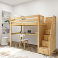 Wooden loft bed with built-in desk and storage stairs in a minimalist kids' bedroom, natural wood finish