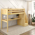 Natural wood loft bed with built-in desk and stairs in a modern neutral kids' bedroom, space-saving study nook.