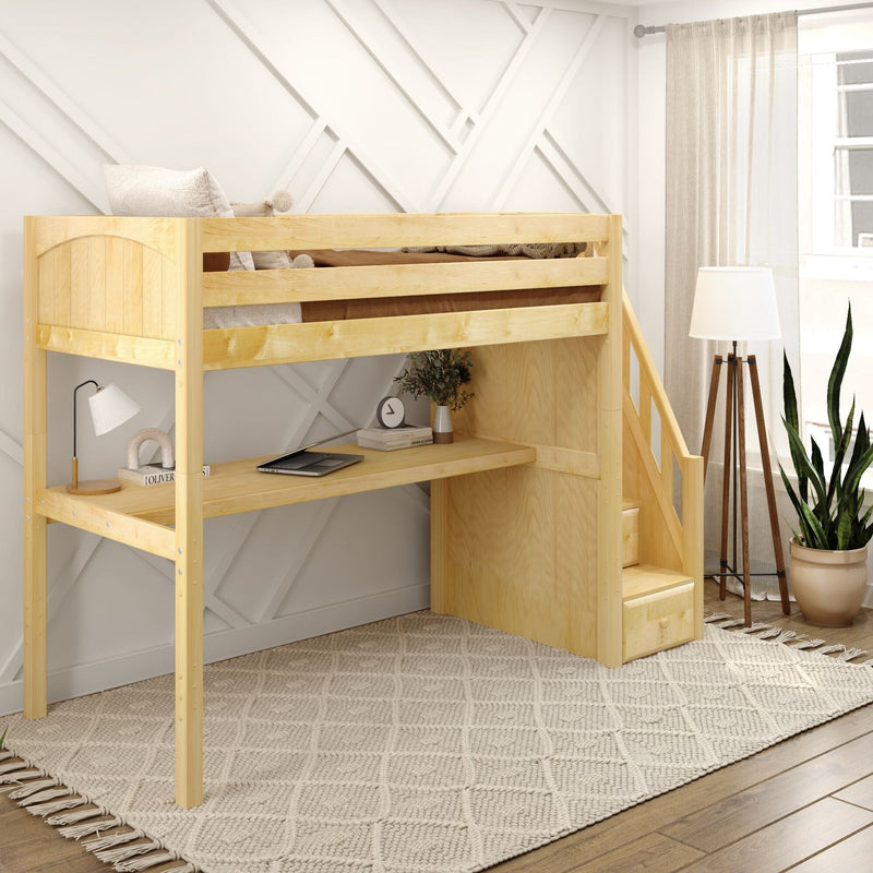 Natural wood loft bed with built-in desk and stairs in a modern neutral kids' bedroom, space-saving study nook.