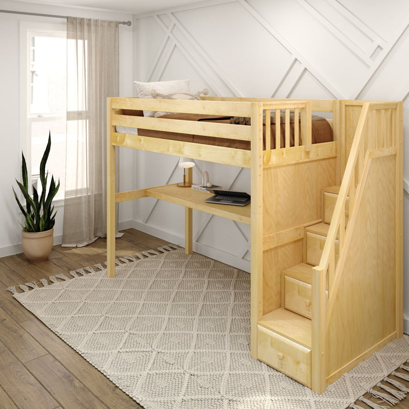 Space-saving natural wood loft bed with built-in stairs and under-desk workspace in a modern kids' bedroom with neutral decor, textured rug and potted plant