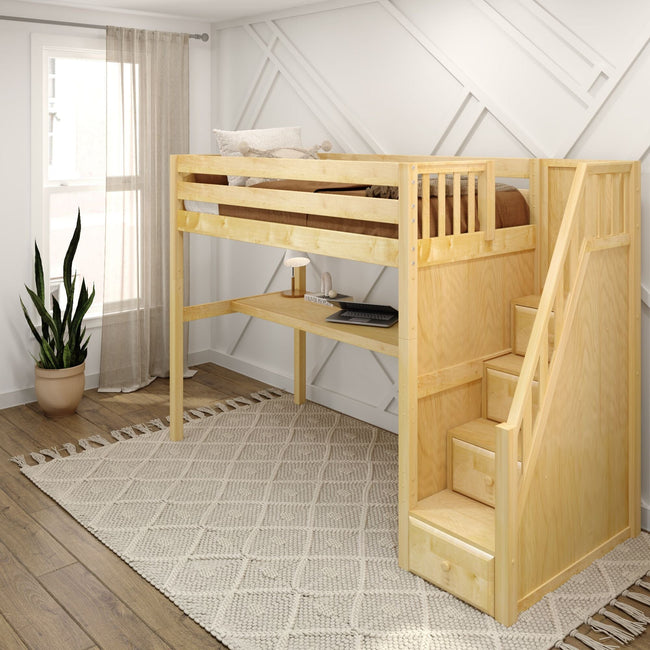 STAR11 NP : Storage & Study Loft Beds High Loft Staircase Bed with Long Desk, Twin, Panel, Natural