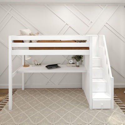 White loft bed with desk and storage stairs in modern bedroom setting.