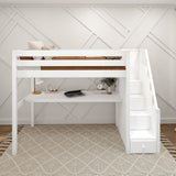 STAR11 WS : Storage & Study Loft Beds Twin High Loft Bed with Stairs + Desk, Slat, White
