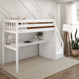 STAR11 WS : Storage & Study Loft Beds Twin High Loft Bed with Stairs + Desk, Slat, White