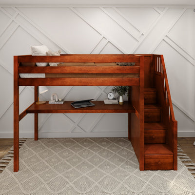 STAR11 XL CP : Storage & Study Loft Beds Twin XL High Loft Bed with Stairs + Desk, Panel, Chestnut