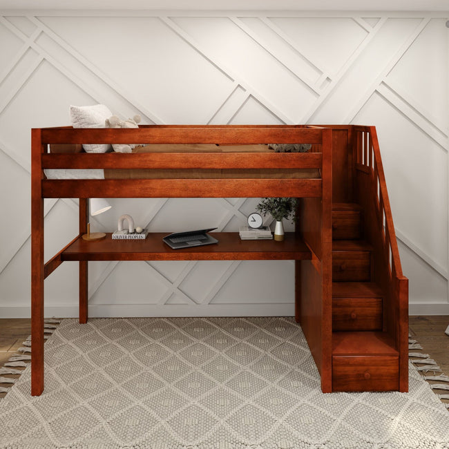 STAR11 XL CS : Storage & Study Loft Beds Twin XL High Loft Bed with Stairs + Desk, Slat, Chestnut