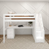 STAR12 WS : Storage & Study Loft Beds Twin High Loft Bed with Stairs + Desk, Slat, White