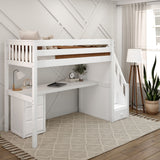 STAR12 WS : Storage & Study Loft Beds Twin High Loft Bed with Stairs + Desk, Slat, White