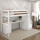 STAR12 XL WS : Storage & Study Loft Beds Twin XL High Loft Bed with Stairs + Desk, Slat, White