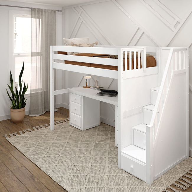 STAR13 WS : Storage & Study Loft Beds Twin High Loft Bed with Stairs + Desk, Slat, White