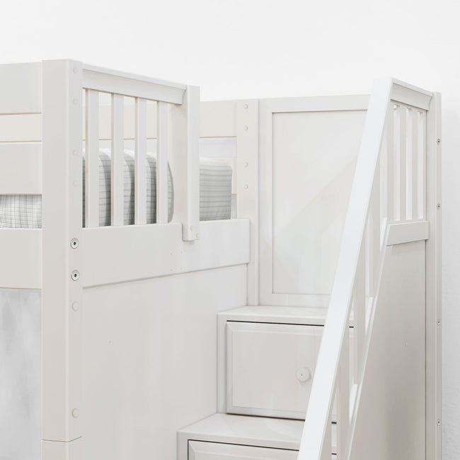 STAR15 WS : Storage & Study Loft Beds Twin High Loft Bed with Stairs + Corner Desk, Slat, White
