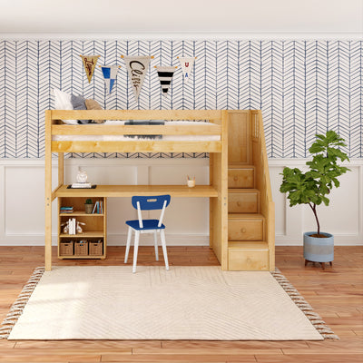 Stylish kids bedroom with a wooden loft bed and desk, blue chair, and modern decor accents.