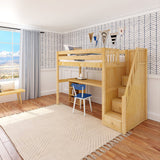 STAR18 NP : Storage & Study Loft Beds Twin High Loft w/staircase, long desk, 22.5" low bookcase, Panel, Natural