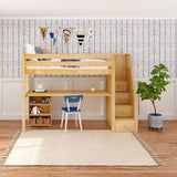 STAR18 XL NP : Storage & Study Loft Beds Twin XL High Loft w/staircase, long desk, 22.5" low bookcase, Panel, Natural