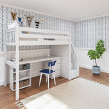 STAR19 XL WS : Storage & Study Loft Beds Twin XL High Loft w/staircase, long desk, 22.5" low bookcase, 3 drawer nightstand, Slat, White