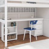 STAR19 XL WS : Storage & Study Loft Beds Twin XL High Loft w/staircase, long desk, 22.5" low bookcase, 3 drawer nightstand, Slat, White