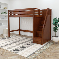 Wooden loft bed with staircase in modern bedroom with patterned rug and minimalist decor.