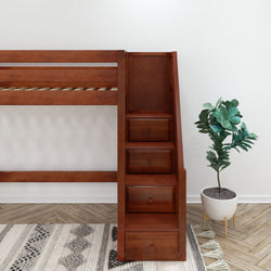 Bunk bed with wooden staircase drawers and a modern potted plant on a geometric patterned rug in a minimalist bedroom.