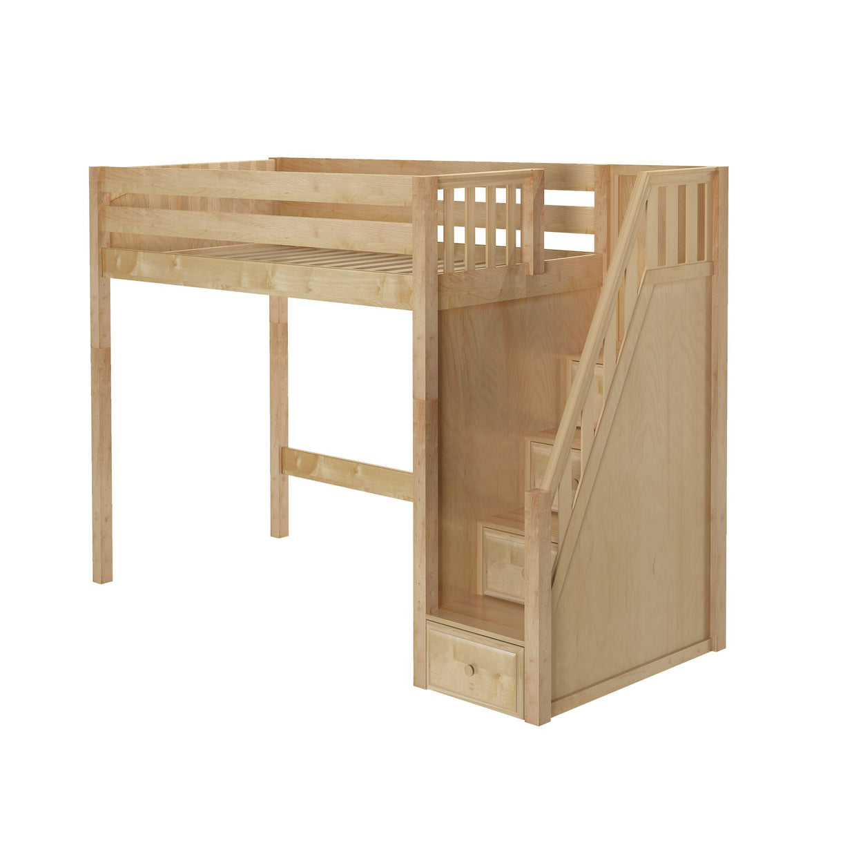 Natural light-wood loft bed with staircase, built-in storage drawers and safety rails — solid wood platform bed for small bedrooms