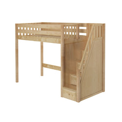 Wood loft bed with stairs and built-in storage drawers, slatted guardrails and light natural wood finish for kids' bedroom