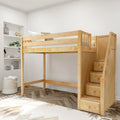 Natural wood loft bed with built-in staircase drawers in a neutral kids bedroom — space-saving bunk bed with shelving and woven basket.