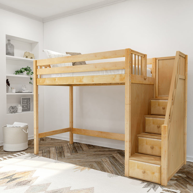 Natural wood loft bed with built-in staircase drawers in a neutral kids bedroom — space-saving bunk bed with shelving and woven basket.