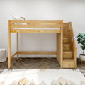 Natural wood loft bed with built‑in staircase drawers, neutral bedding and potted plant in a modern kids' bedroom