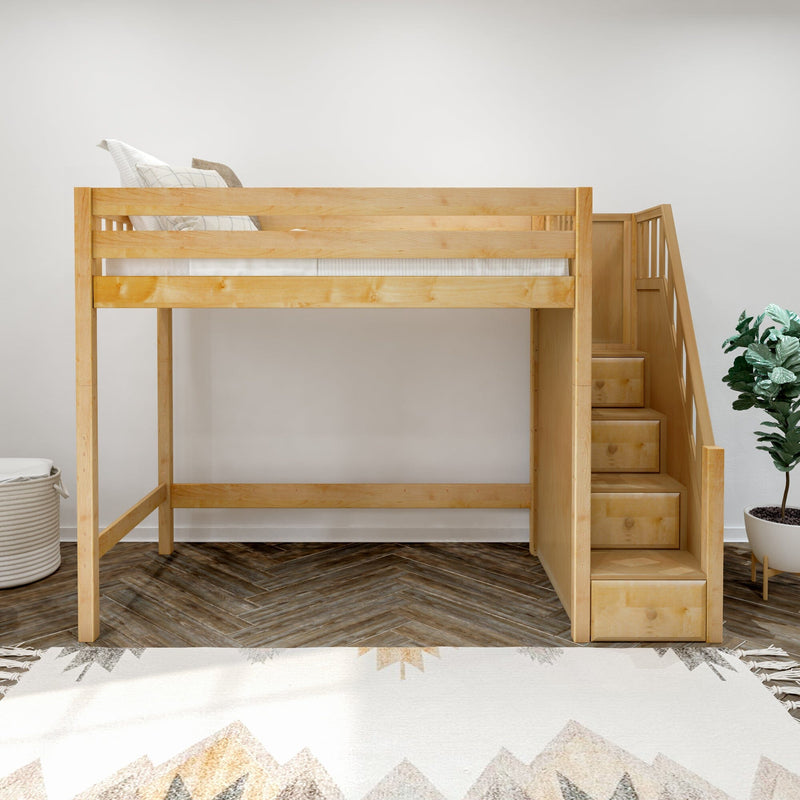 Natural wood loft bed with built‑in staircase drawers, neutral bedding and potted plant in a modern kids' bedroom