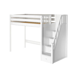White wooden loft bed with stairs and built-in storage drawers for kids' room furniture.
