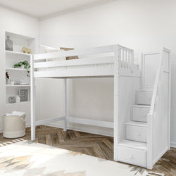 White wooden loft bed with built-in storage stairs and guardrail in a modern minimalist bedroom with herringbone wood floor and shelving