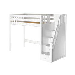 White loft bed with storage steps and railing, perfect for maximizing space in kids' bedrooms.