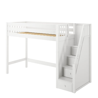 White wooden loft bed with stairs and storage drawers for children.