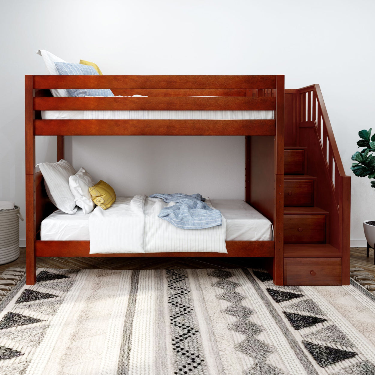 Wooden bunk bed with stairs, featuring white bedding and a modern geometric rug in a cozy bedroom interior.