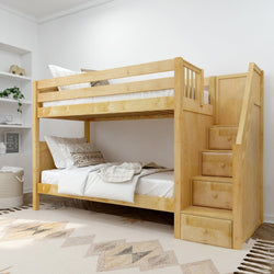 Natural light wood bunk bed with integrated storage stairs in a modern minimalist children's bedroom, white bedding, decorative pillows, and neutral geometric rug