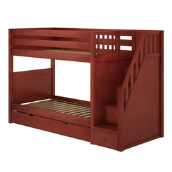 Cherry wood bunk bed with stairs and storage, ideal for kids' rooms.