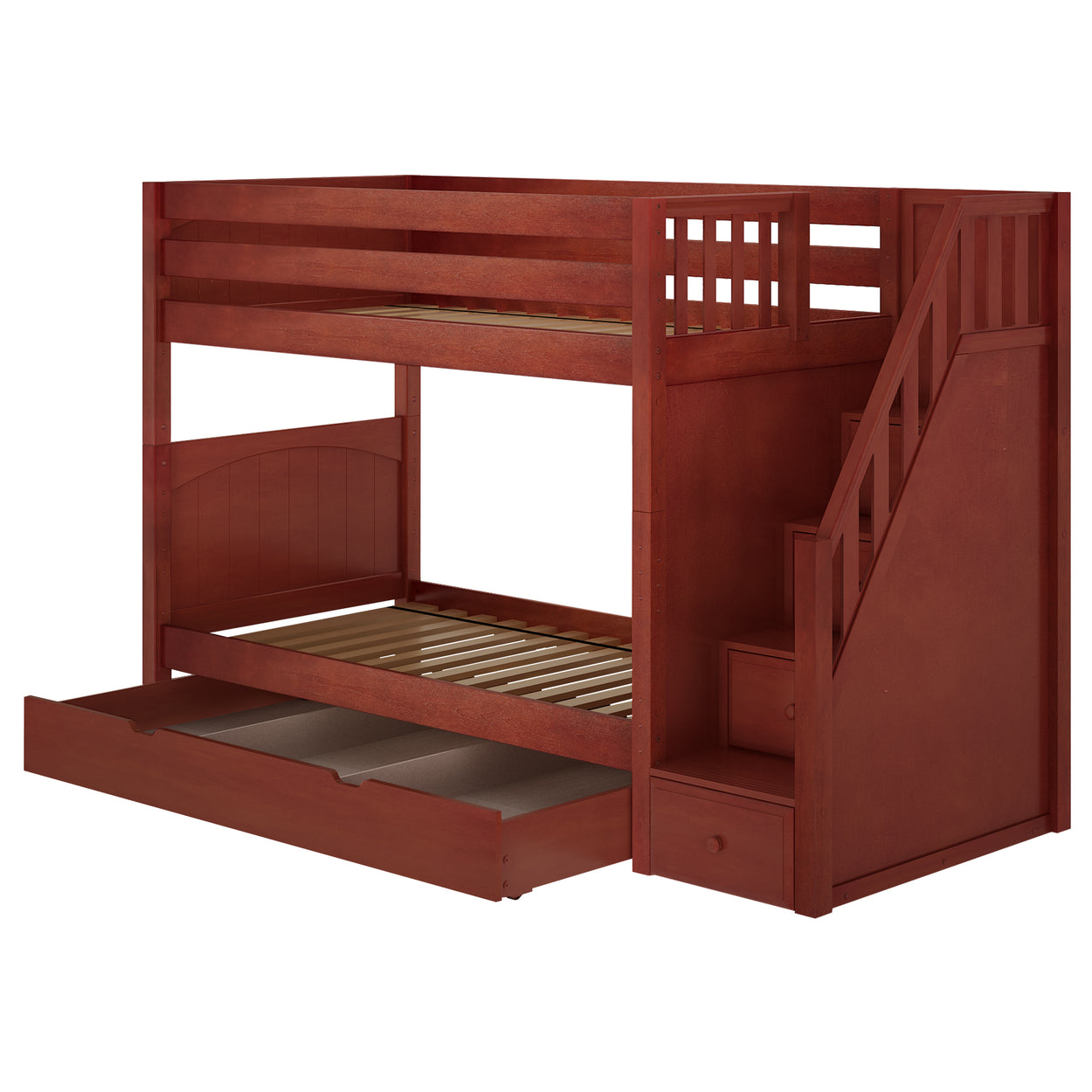Red wooden bunk bed with built-in staircase and pull-out storage drawer, ideal for space-saving in children's bedrooms.