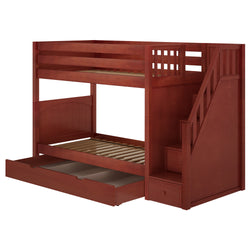 Red wooden bunk bed with built-in staircase and pull-out storage drawer, ideal for space-saving in children's bedrooms.