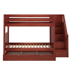 Wooden bunk bed with integrated storage stairs and open frame design.