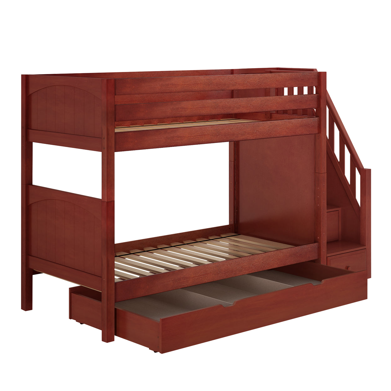 Wooden bunk bed with staircase and storage drawers, ideal for maximizing space in kids' rooms.