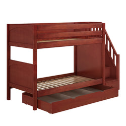 Wooden bunk bed with staircase and storage drawers, ideal for maximizing space in kids' rooms.