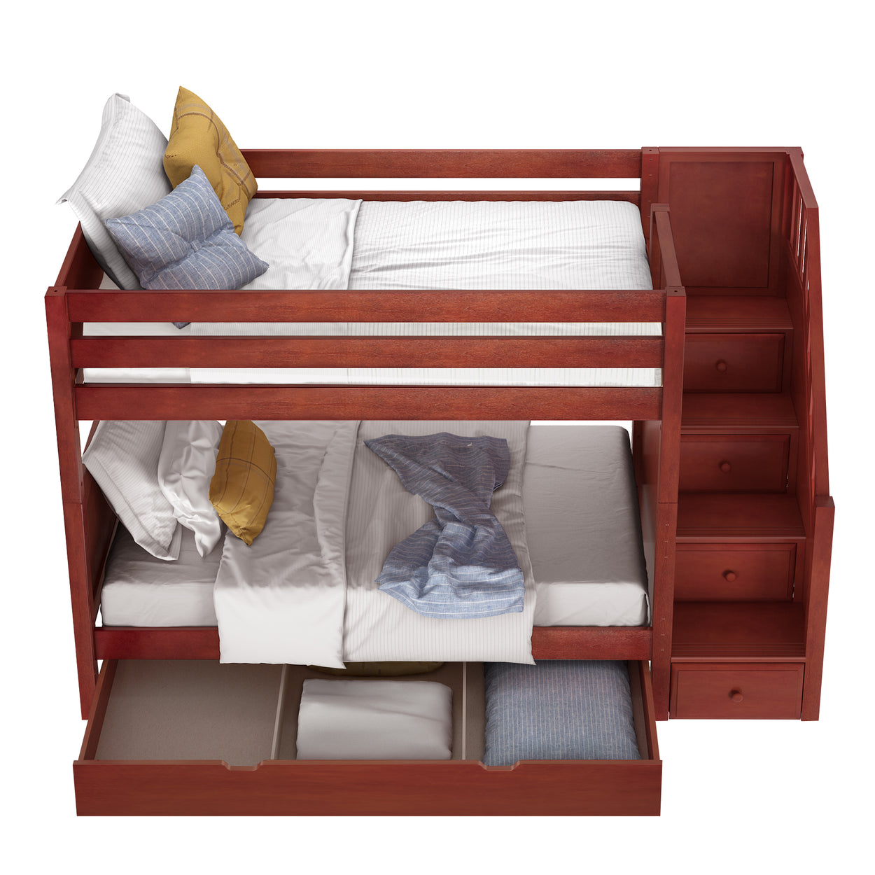 Wooden bunk bed with storage stairs and pillows in a modern bedroom.