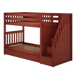 Red wooden bunk bed with storage stairs and safety railings, perfect for kids' room furniture.