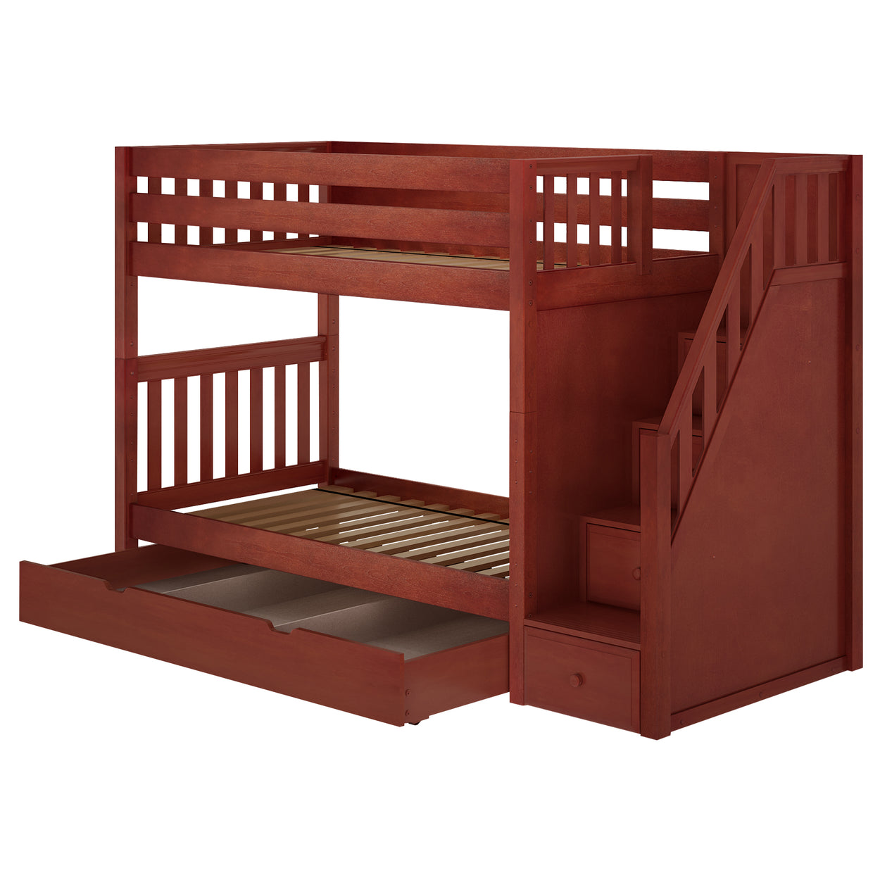Wooden bunk bed with stairs and a pull-out drawer for storage.