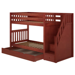 Wooden bunk bed with stairs and a pull-out drawer for storage.