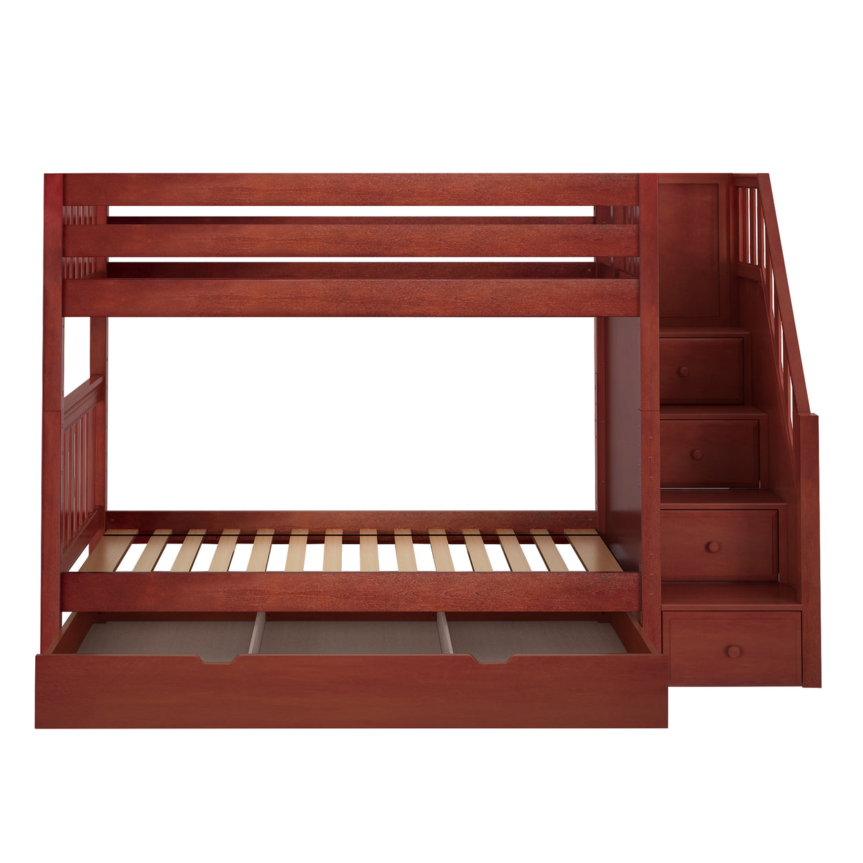 Wooden bunk bed with built-in staircase and storage drawers.