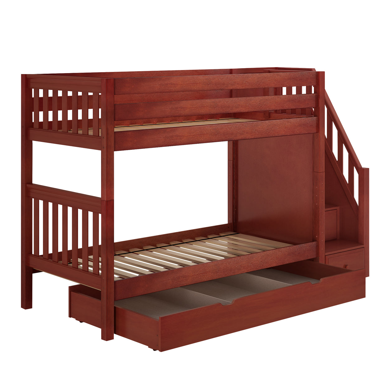 Wooden bunk bed with stairs and storage drawers for kids' room.