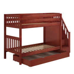 Wooden bunk bed with stairs and storage drawers for kids' room.