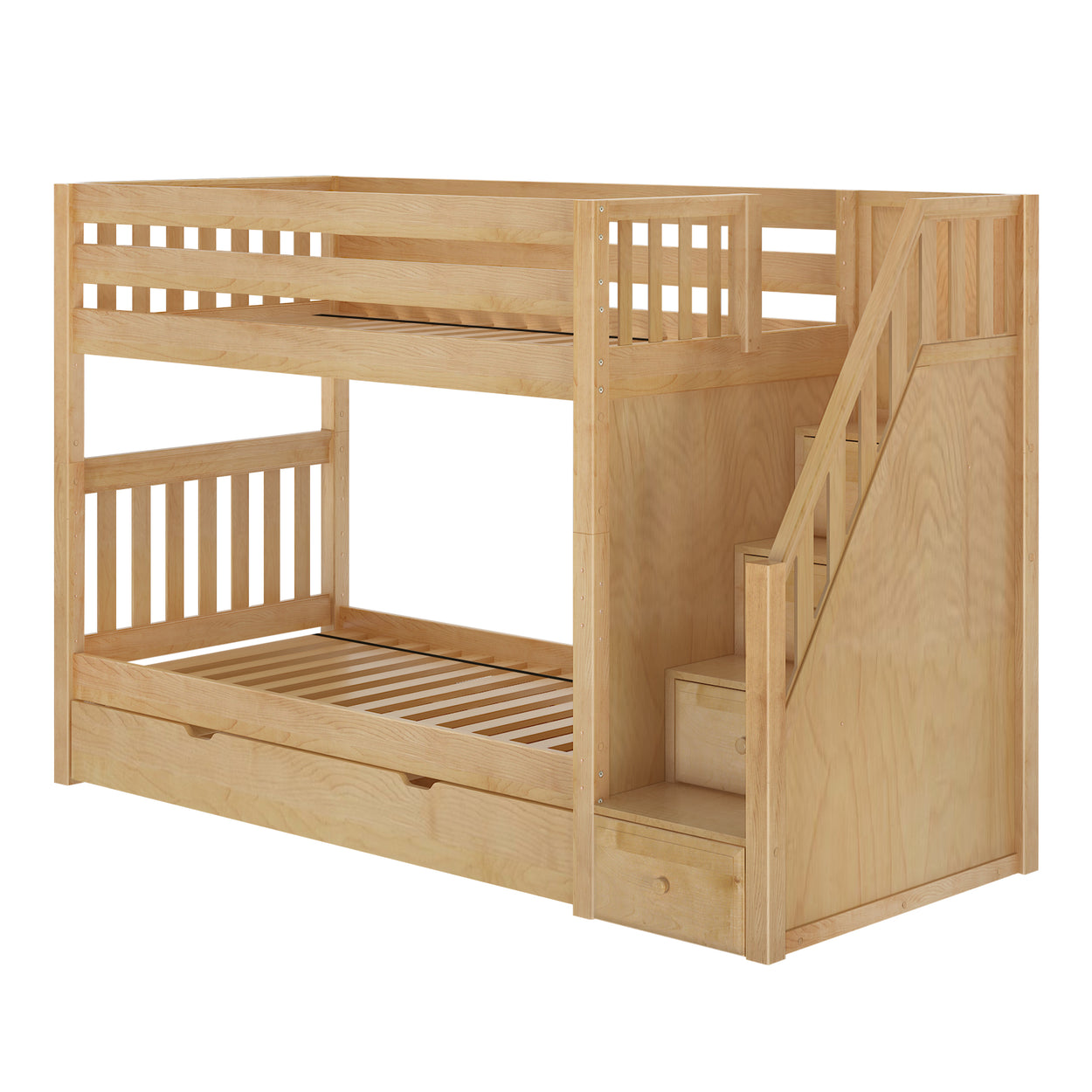 Wooden bunk bed with stairs and storage drawers, ideal for kids’ bedrooms.