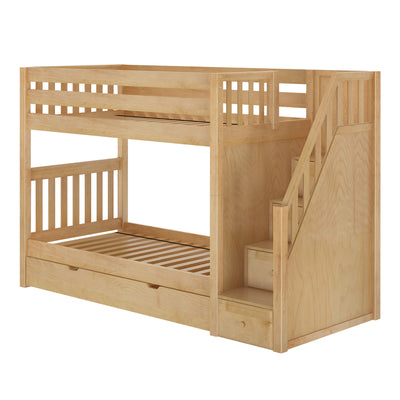 Wooden bunk bed with stairs and storage drawers, ideal for kids’ bedrooms.