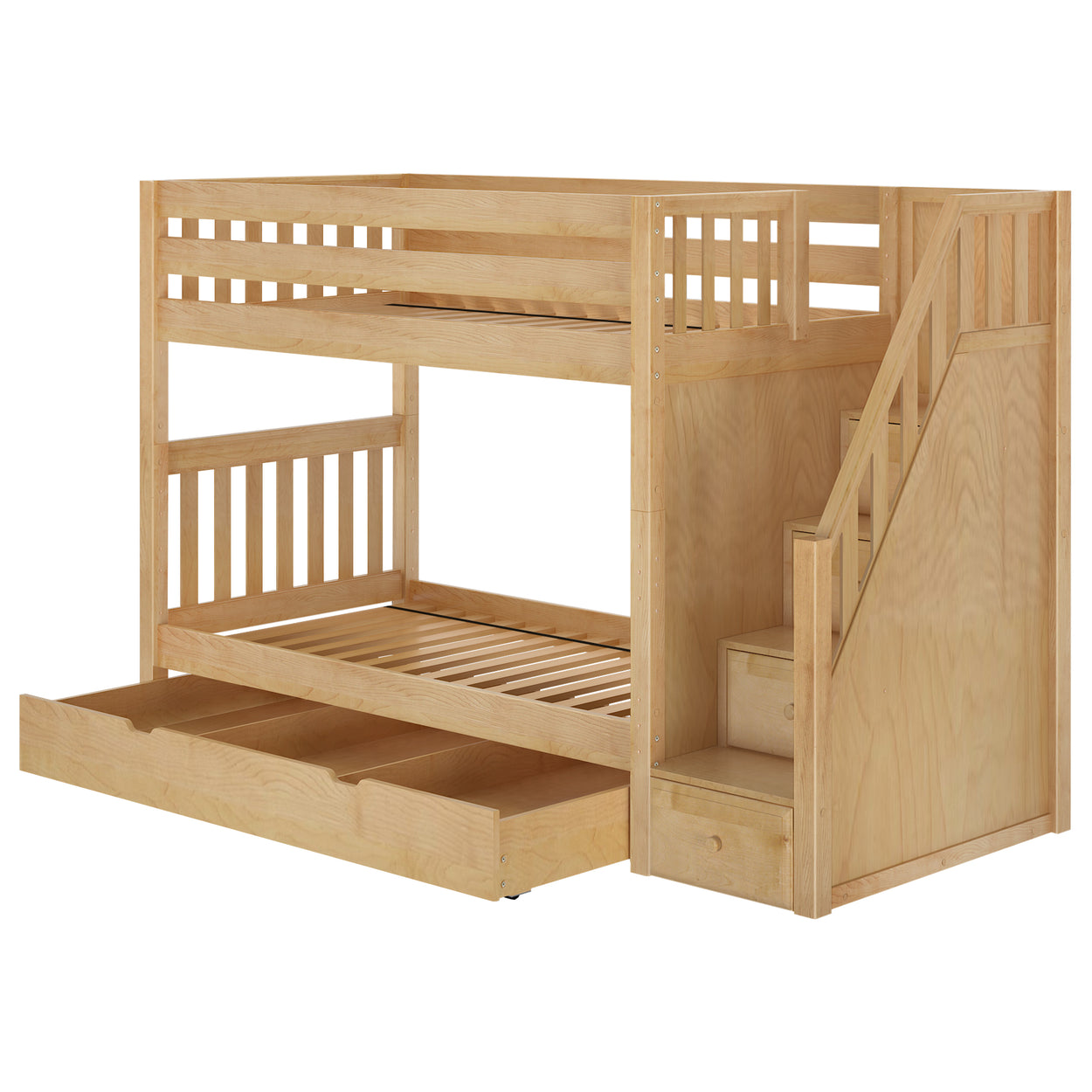 Wooden bunk bed with stairs and pull-out storage drawer, perfect for maximizing space in children's bedrooms.